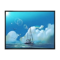 את מפרשית על כחול ים נגד קיץ עננים שמיים ממוסגר ציור בד אמנות הדפסה