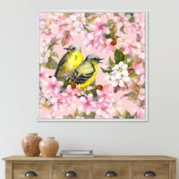 ציפורים על ורוד דובדבן סאקורה ותפוח פרחים אני ממוסגר ציור בד אמנות הדפסה