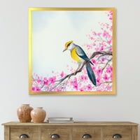 עיצוב אמנות 'ציפור יפה יושבת על ענף פורח' הדפס אמנות ממוסגר מסורתי
