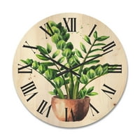 Designart 'Zamioculcas צמח טרופי עם עלים ירוקים על שעון קיר עץ מסורתי לבן