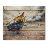 עיצוב 'סירת עץ' בחופי הבלטיים בהדפס הימי והחוף על עץ אורן טבעי