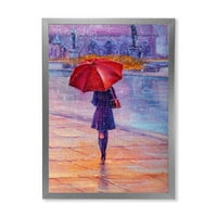 עיצוב אמנות 'ילדה הולכת עם מטריה אדומה מתחת לגשם' הדפס אמנות ממוסגר כפרי צרפתי