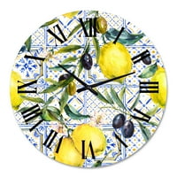 עיצוב 'קישוט לימון על דפוס גיאומטרי כחול III' שעון קיר טרופי