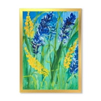 עיצוב אמנות 'צהוב וכחול פרחי בר וגואש דשא' הדפס אמנות ממוסגר מסורתי