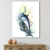 עיצוב 'צמחי שונית אלמוגים ליניארית ועוגן צב דולפין' ימי וחוף בד אמנות קיר הדפס