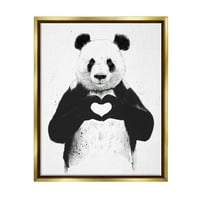 תעשיות סטופל דוב פנדה שחור ולבן עושה איור דיו לב מתכתי ממוסגר זהב אמנות קיר בד צף, 24 על 30