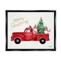 סטופל תעשיות החג שמח חג אדום משאית סנטה גמדים & עץ גרפי אמנות סילון שחור צף ממוסגר בד הדפסת קיר אמנות,