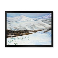 עיצוב הרים מכוסים שלג עם נוף חורפי הדפס אמנות ממוסגר מסורתי