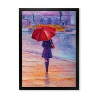 עיצוב 'ילדה הולכת עם מטריה אדומה מתחת לגשם' הדפס אמנות ממוסגר של המדינה הצרפתית
